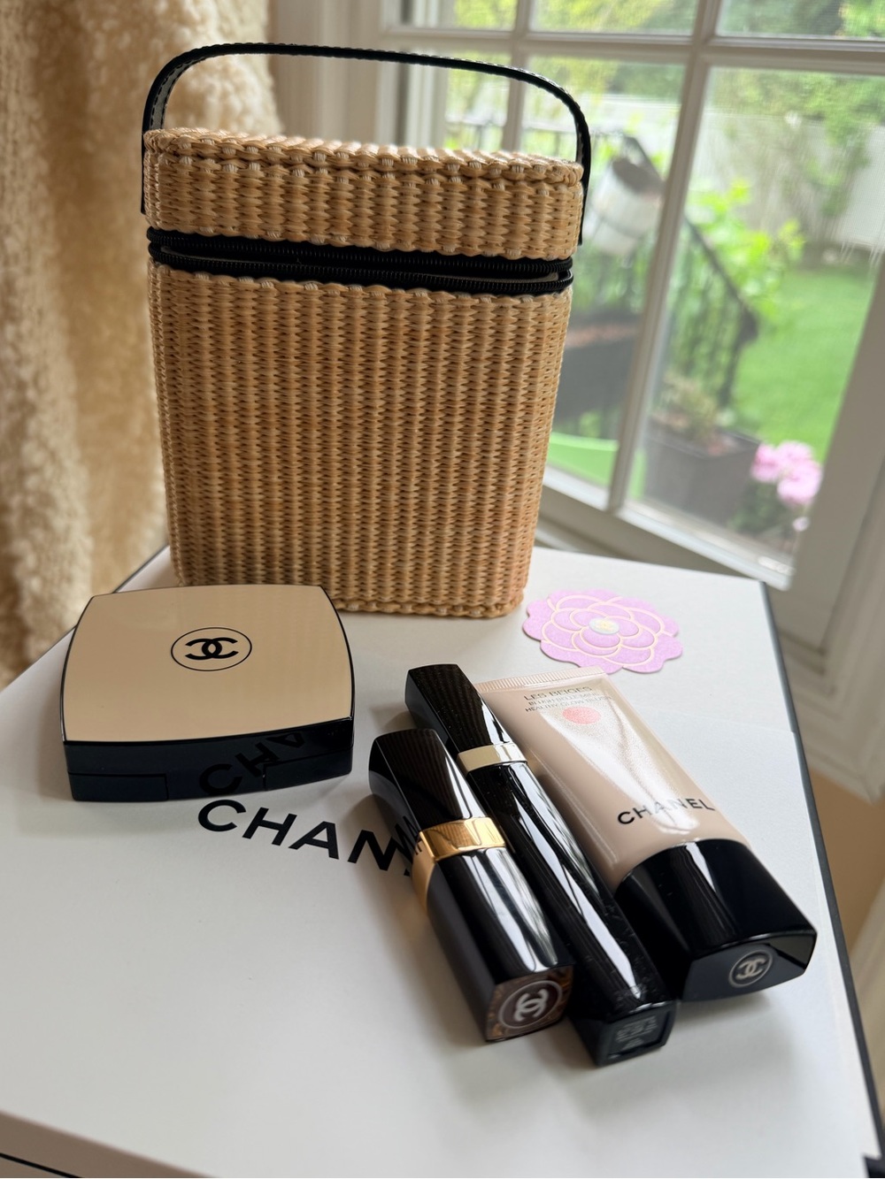 CHANEL Black & Beige Makeup Set with Woven Cosmetic Case